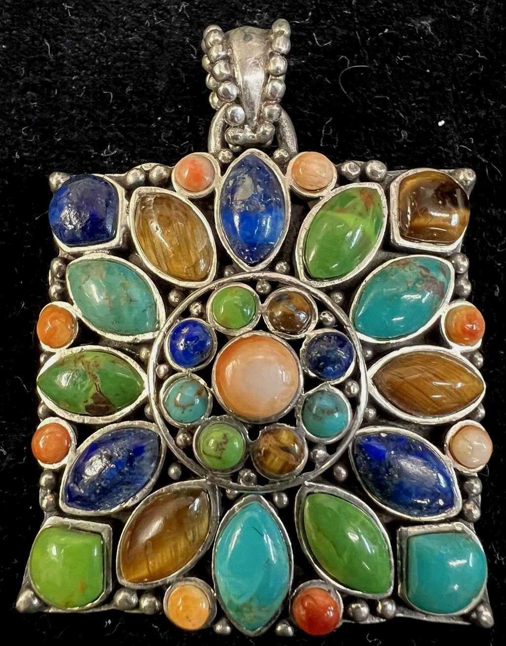 Multi Stone Blossom Pendant 925 SS Lapis Lazuli, Coral , Turquoise, Don Lucas