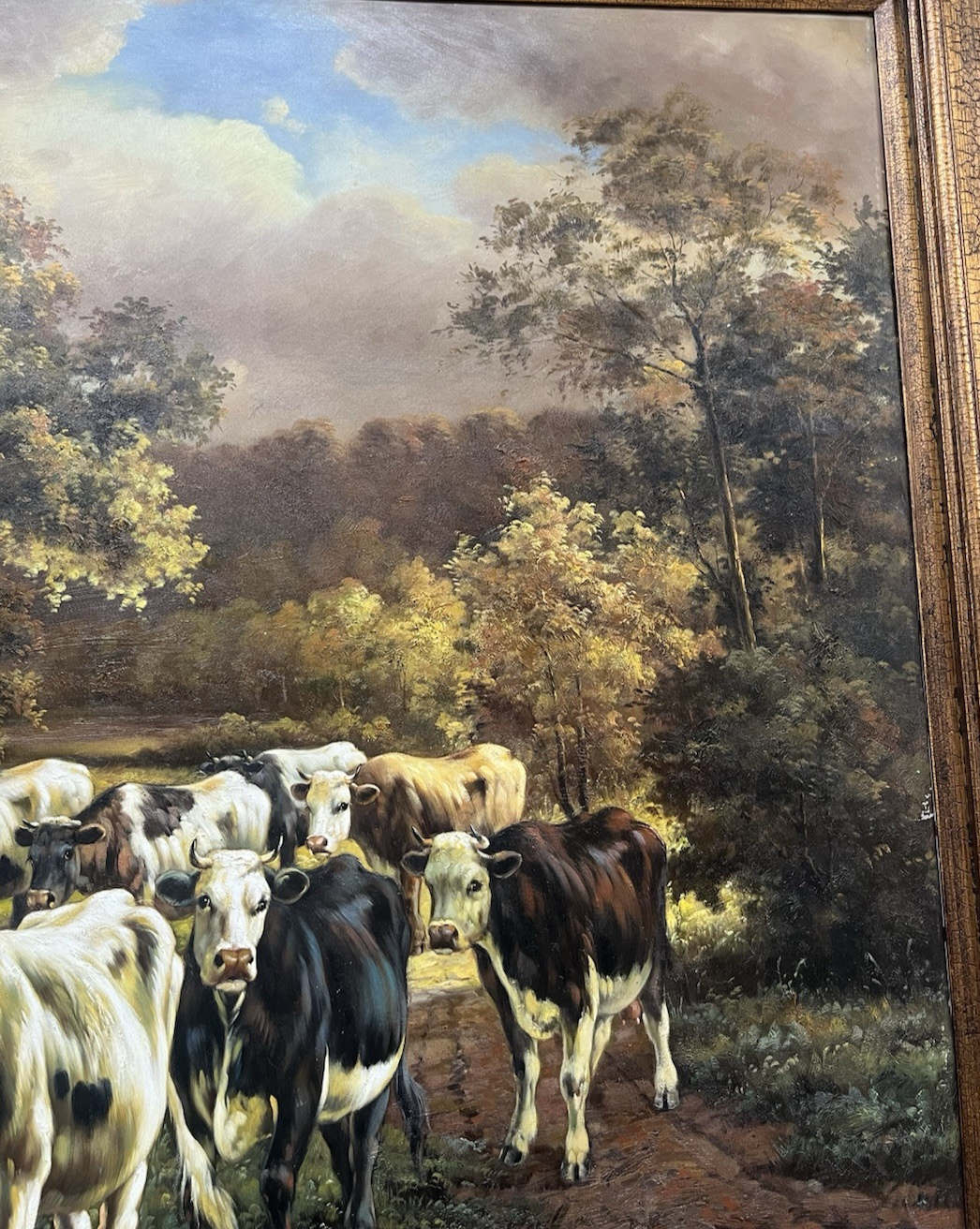 Large Agricultural Pastoral Cows Grazing Oil On Canvas Painting 58" x 70" CL6