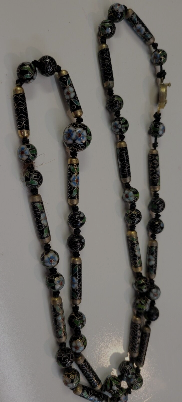 Antique Handmade 30" Cloisonne Necklace Hand Painted Black Enamel Floral Design