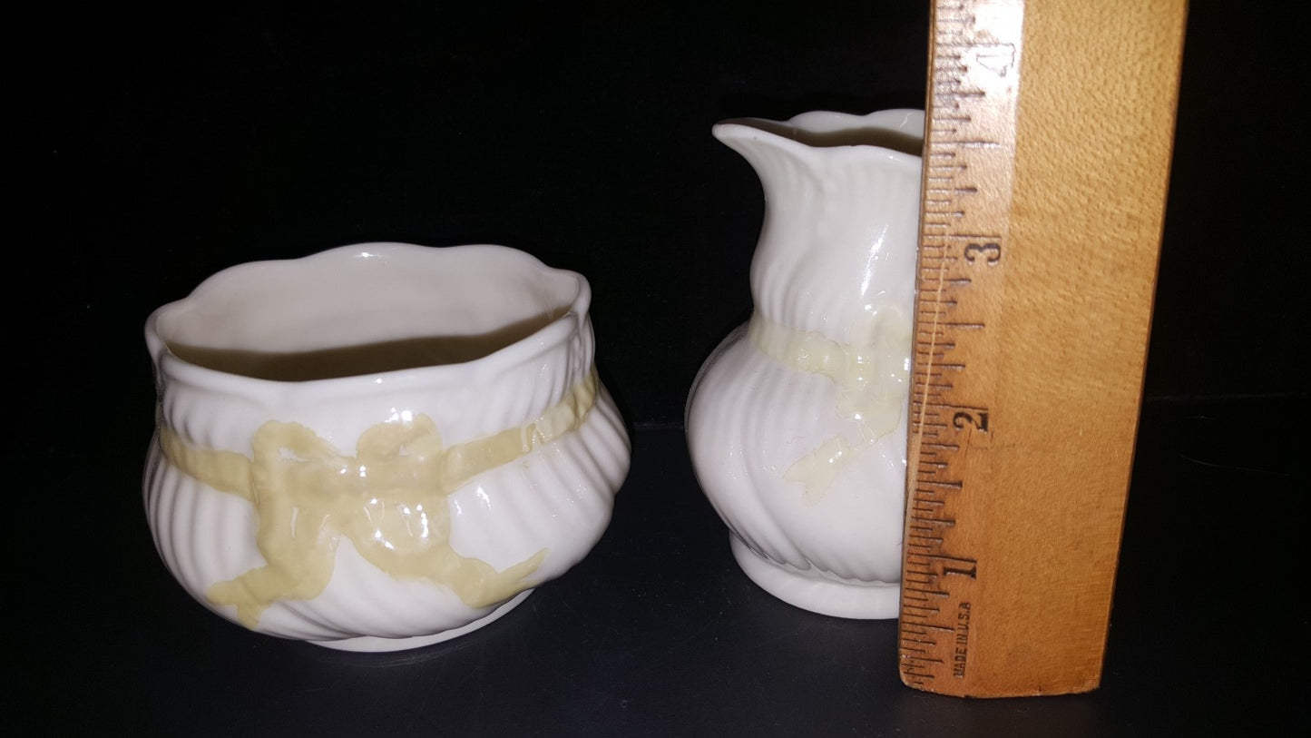 BELLEEK IRISH YELLOW RIBBON OPEN SUGAR BOWL & CREAMER 3rd GREEN  Mark1965-80