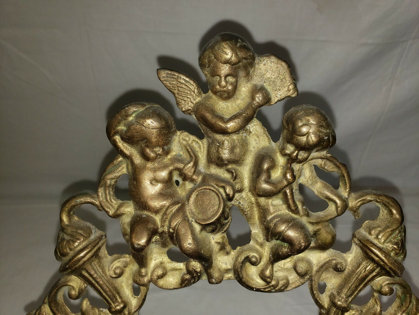 Antique Gilt Cast Iron Picture Frame  Cherubs Sea Horses Tabletop w Leg H 13"