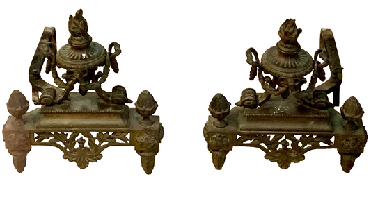 Pair Antique French Bronze Louis XVI Style Chenets Andirons Fireplace Fire Dogs