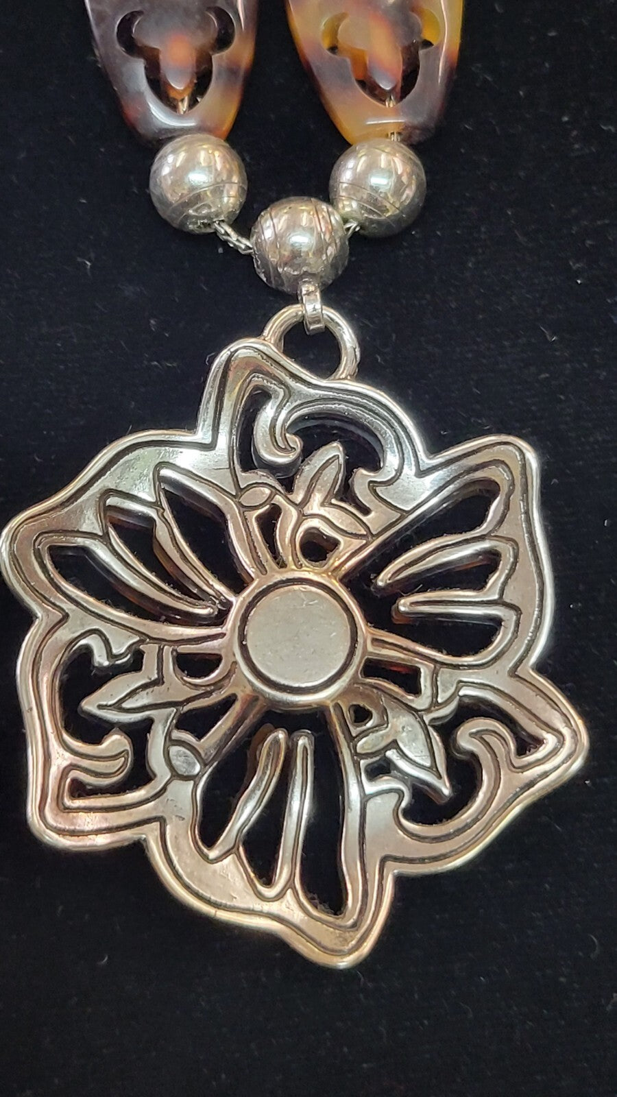 BRIGHTON Faux Tortoise & Silver Tone Beads Necklace Flower Pendant