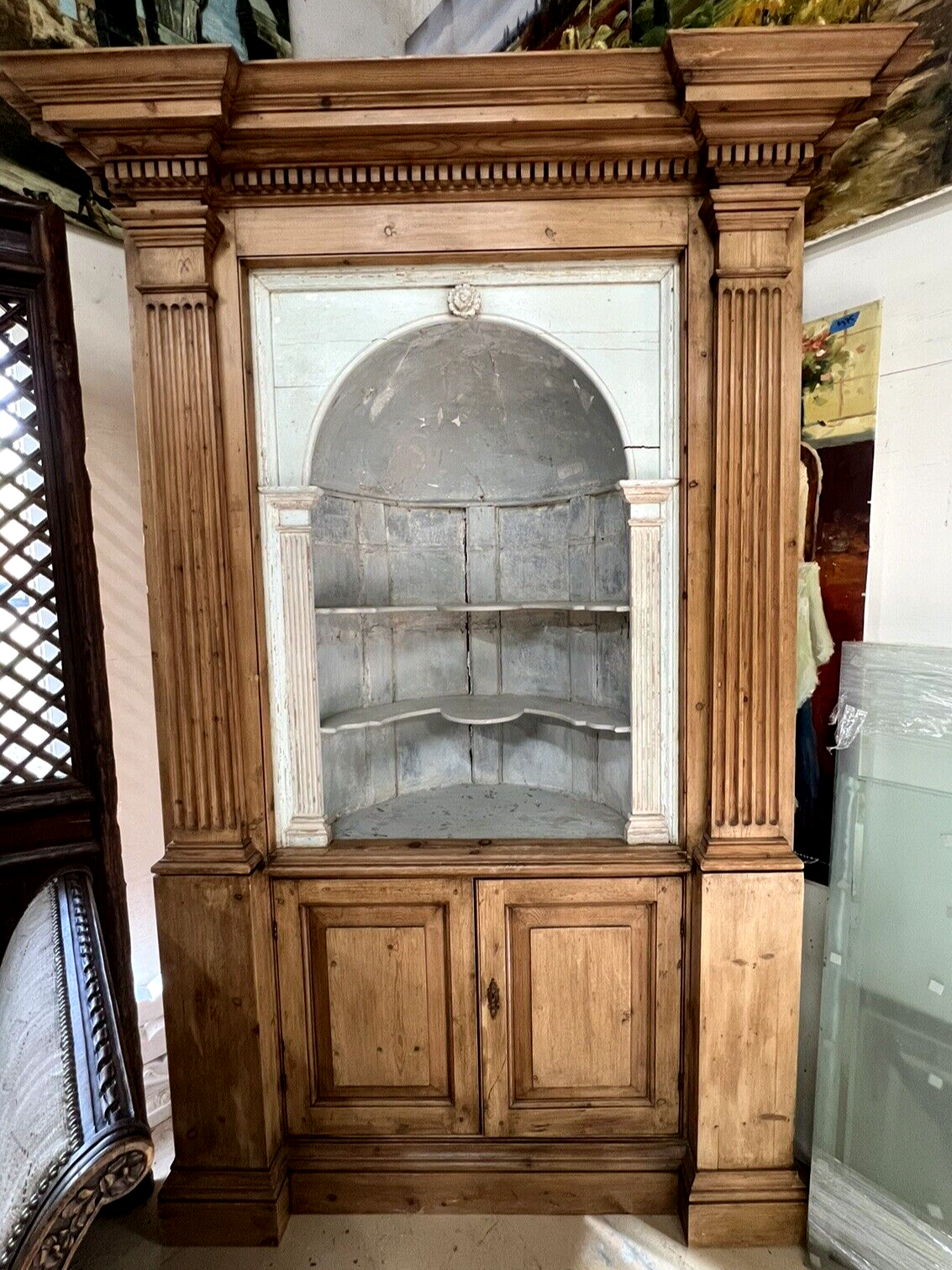 Antique American Federal Oak Corner Cabinet w/ Painted Interior 19C Farmhouse