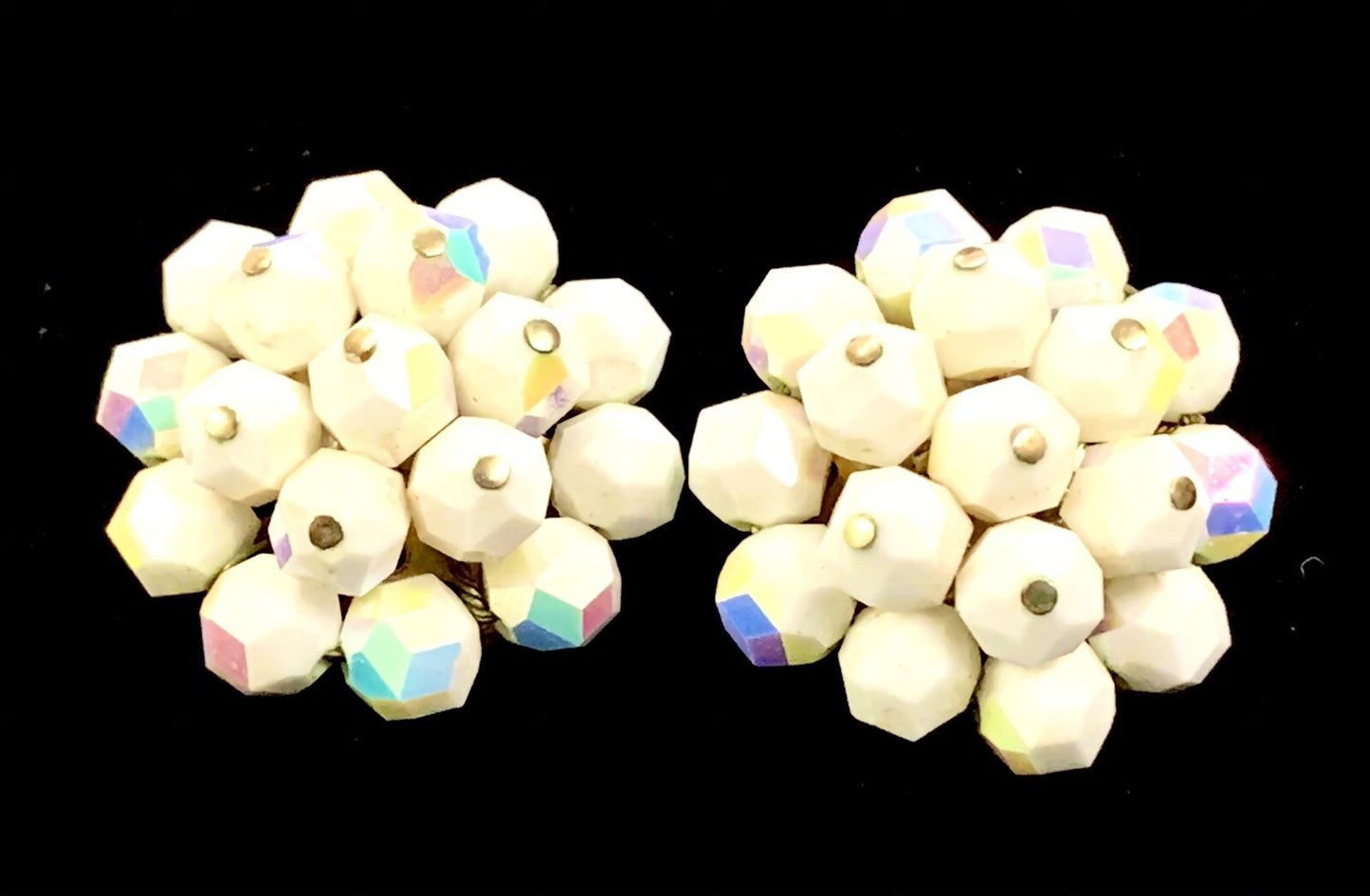 Vintage 1950s Laguna Milk Glass Crystal Clip Earrings Signed