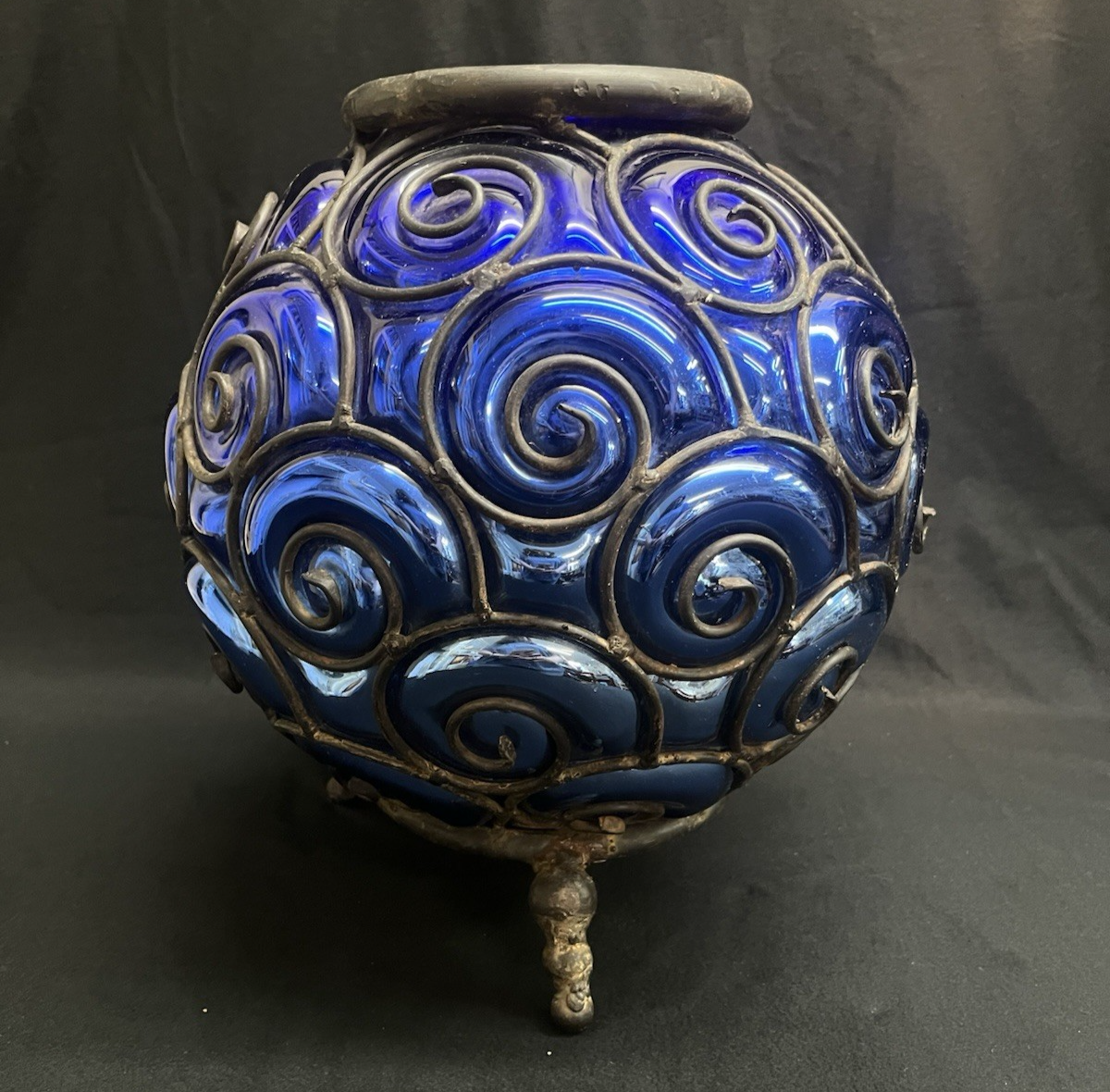 Murano Style Round Cage Bubble Blown Cobalt Blue Iridescent Glass Sculpture 13"