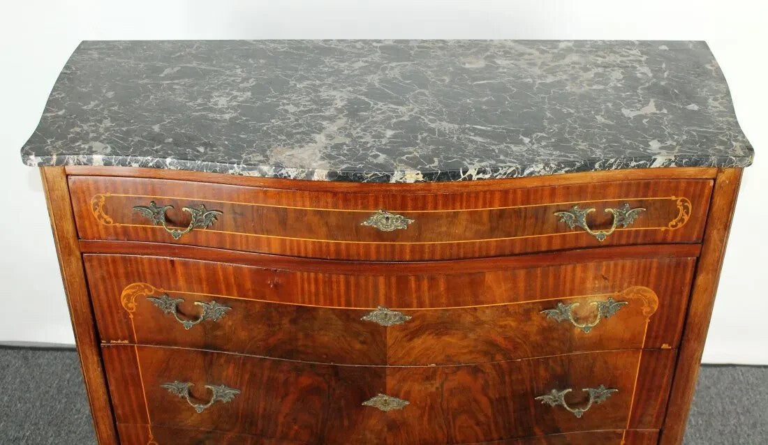 Antique French Inlaid Burl Walnut Marble Top Commode Chest of Drawers