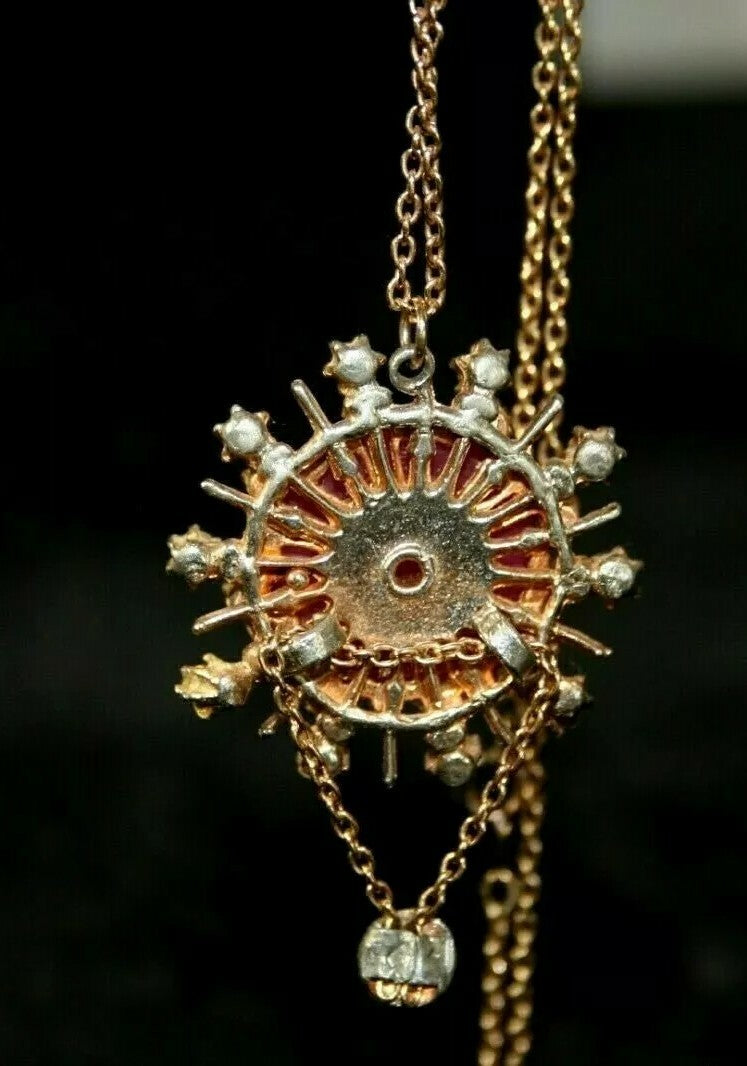 Vtg Celestial Moon and Stars Pendant Faux Amethyst Cabochon w Rhinestones Rubies