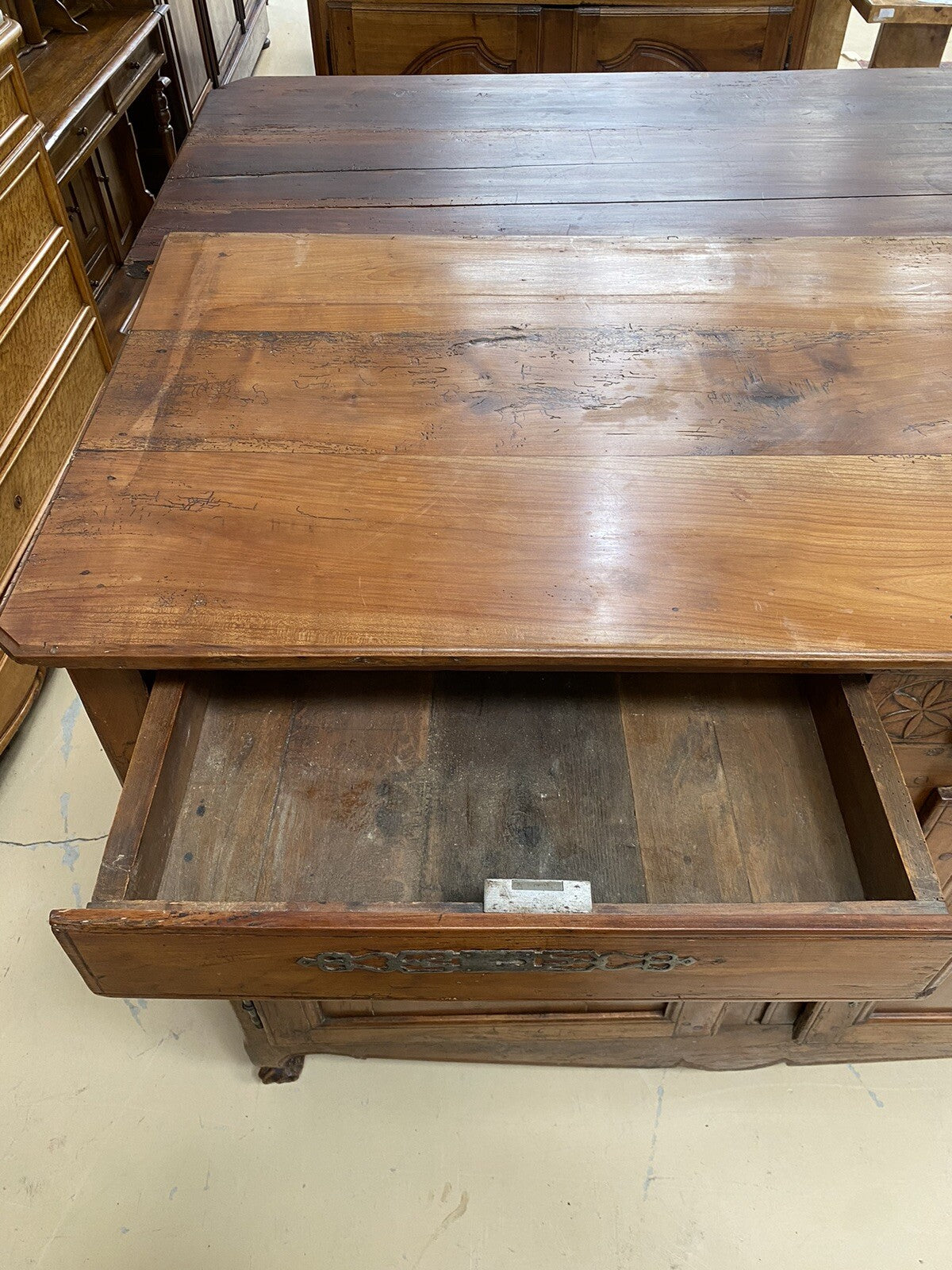 Antique French Farmhouse Louis XV Carved Cherry Chest Sideboard Commode 19C A6