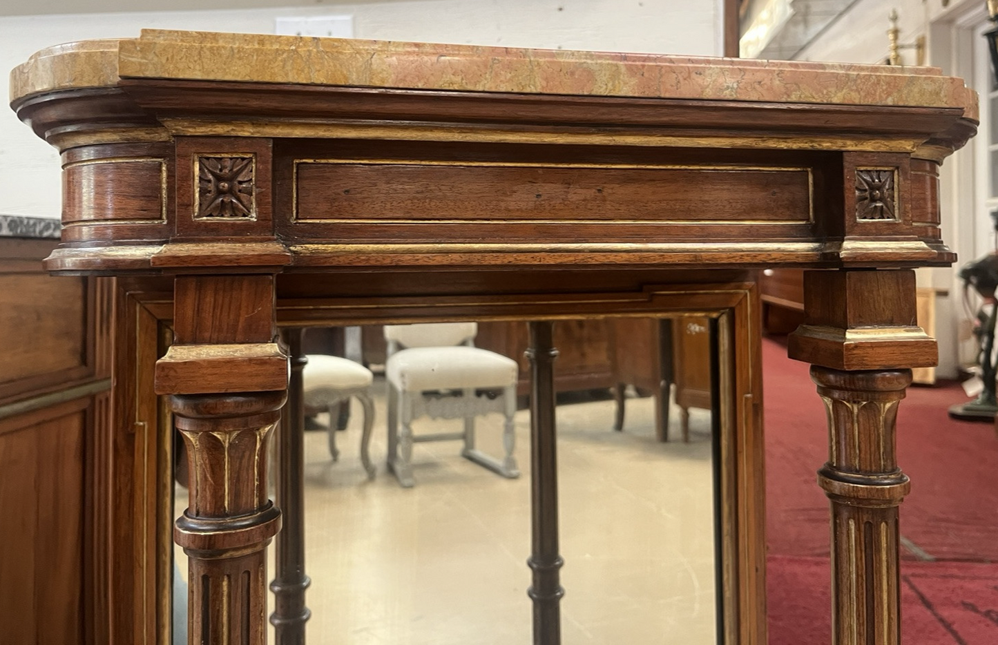 LOUIS XVI STYLE MARBLE-TOP MIRRORED ENTRYWAY PIER CONSOLE END TABLE