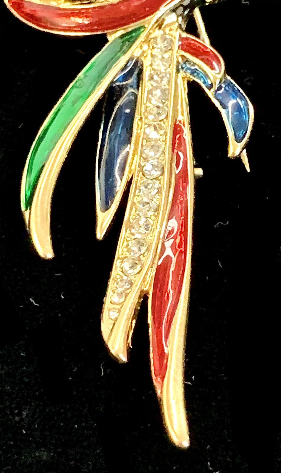 Lind  Signed 14KEP Exotic Bird Parrot Pin Brooch Multicolor Rhinestones 3 1/4" H