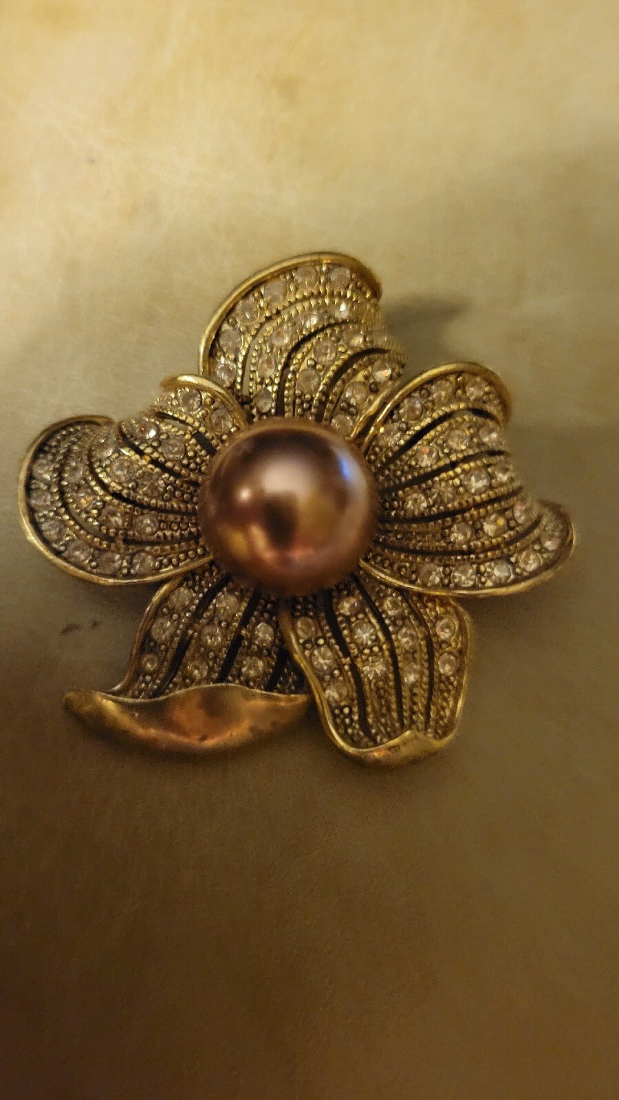 Vintage 1970s Dogwood Flower Amber Rhinestone Brooch  Gold Tone Pin Lg Pearl Ctr