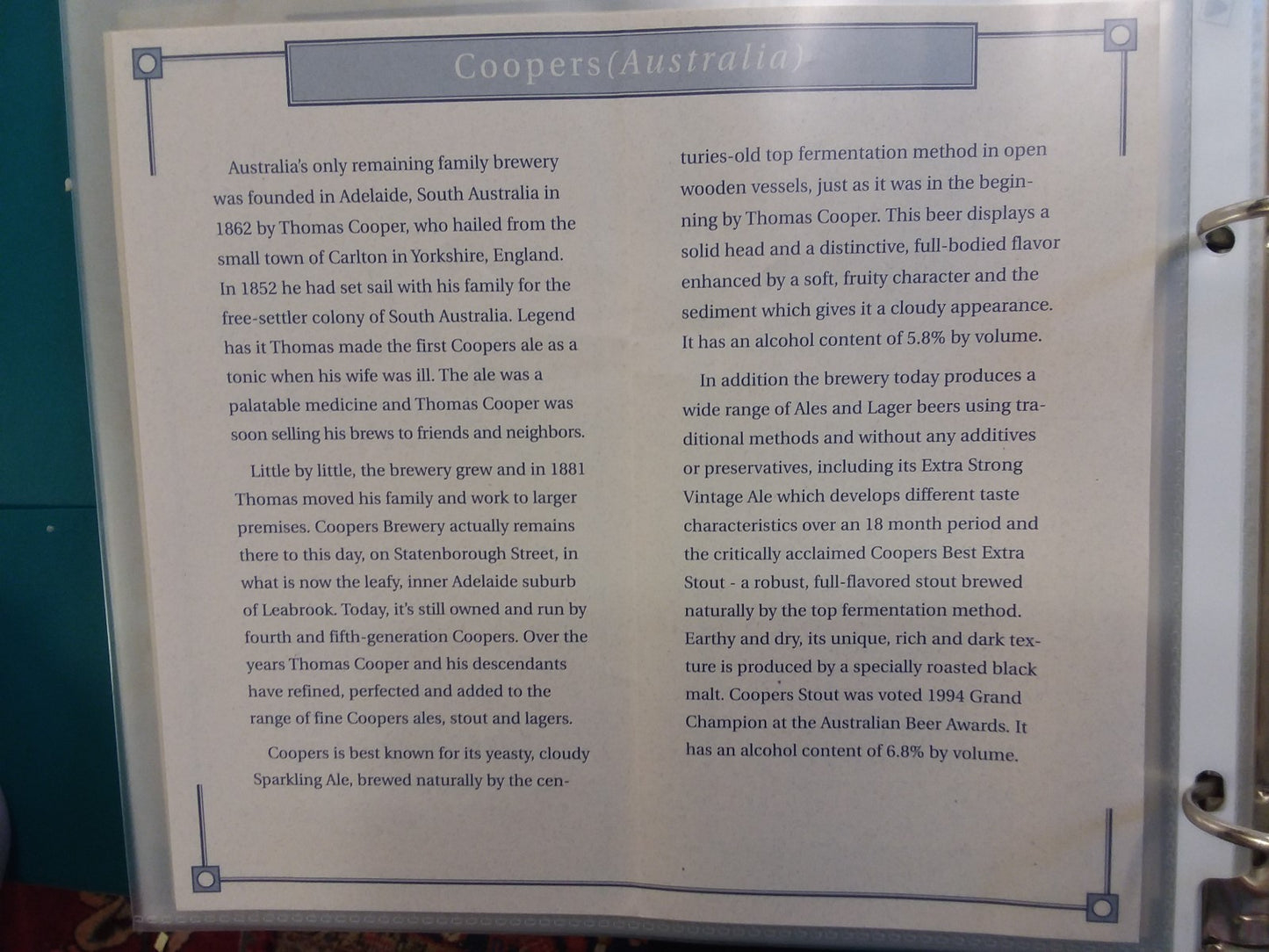 Cooper's Beer Glass - w/certificate from Gold rim 7''