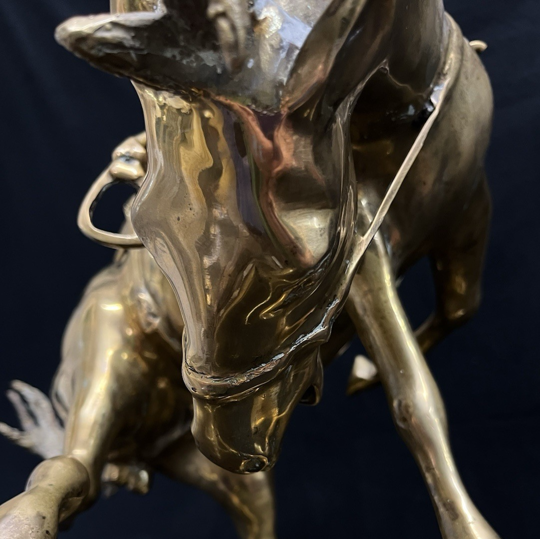 Polished Brass Wild Bucking Bronco w/ Removable Cowboy Rider Sculpture 21"