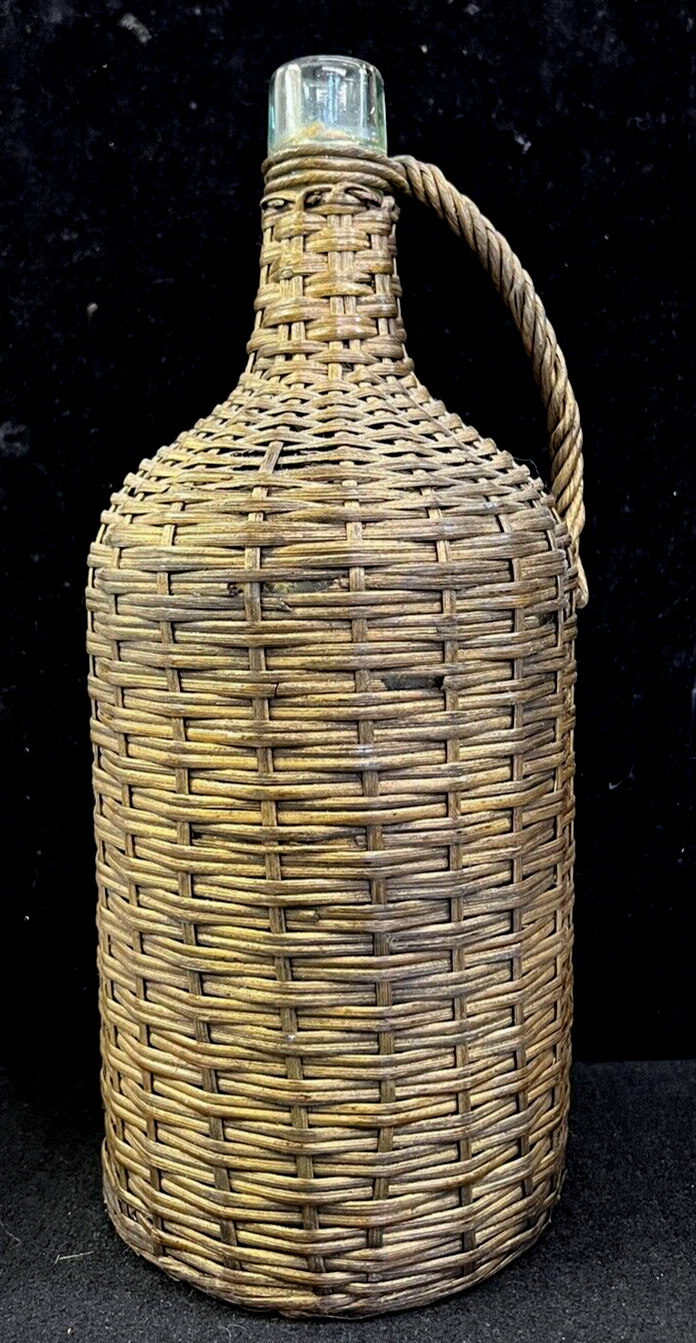 French Glass Woven Wicker Demijohn Bottle Rustic Farmhouse  Wickerware Antique