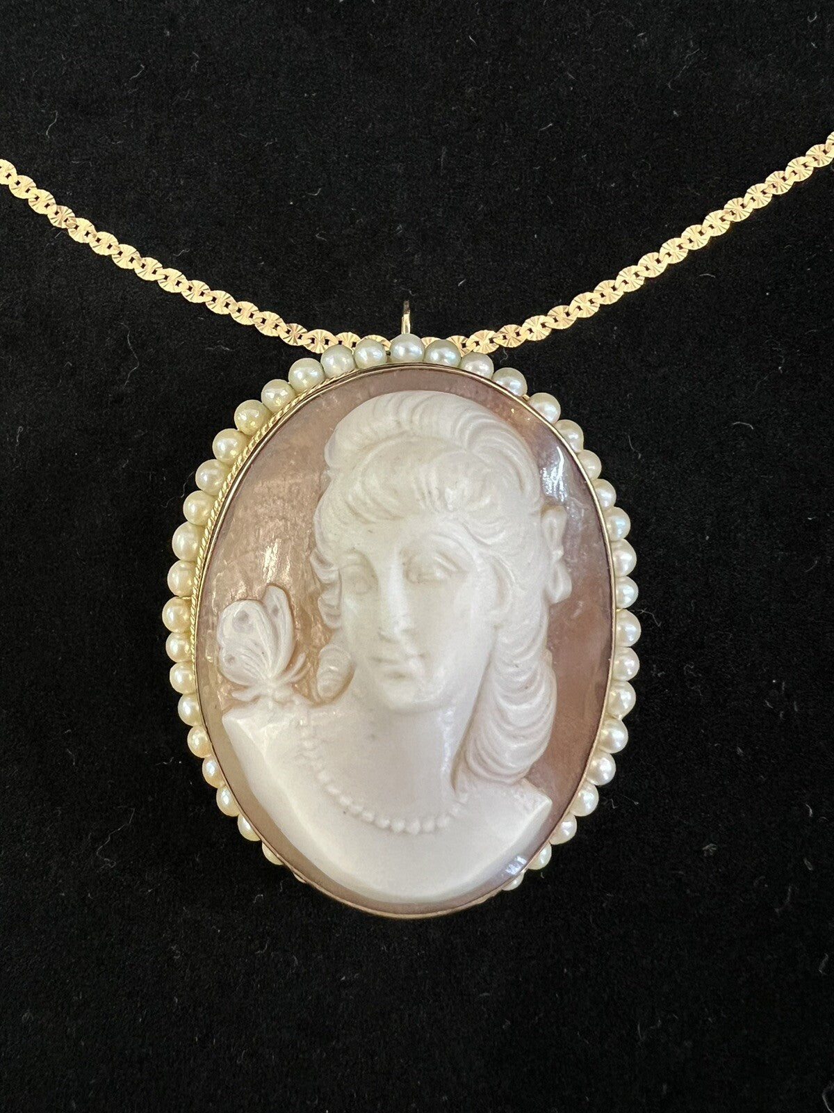 Victorian Shell Cameo Pendant Brooch 14K seed Pearls Full Face 1800's