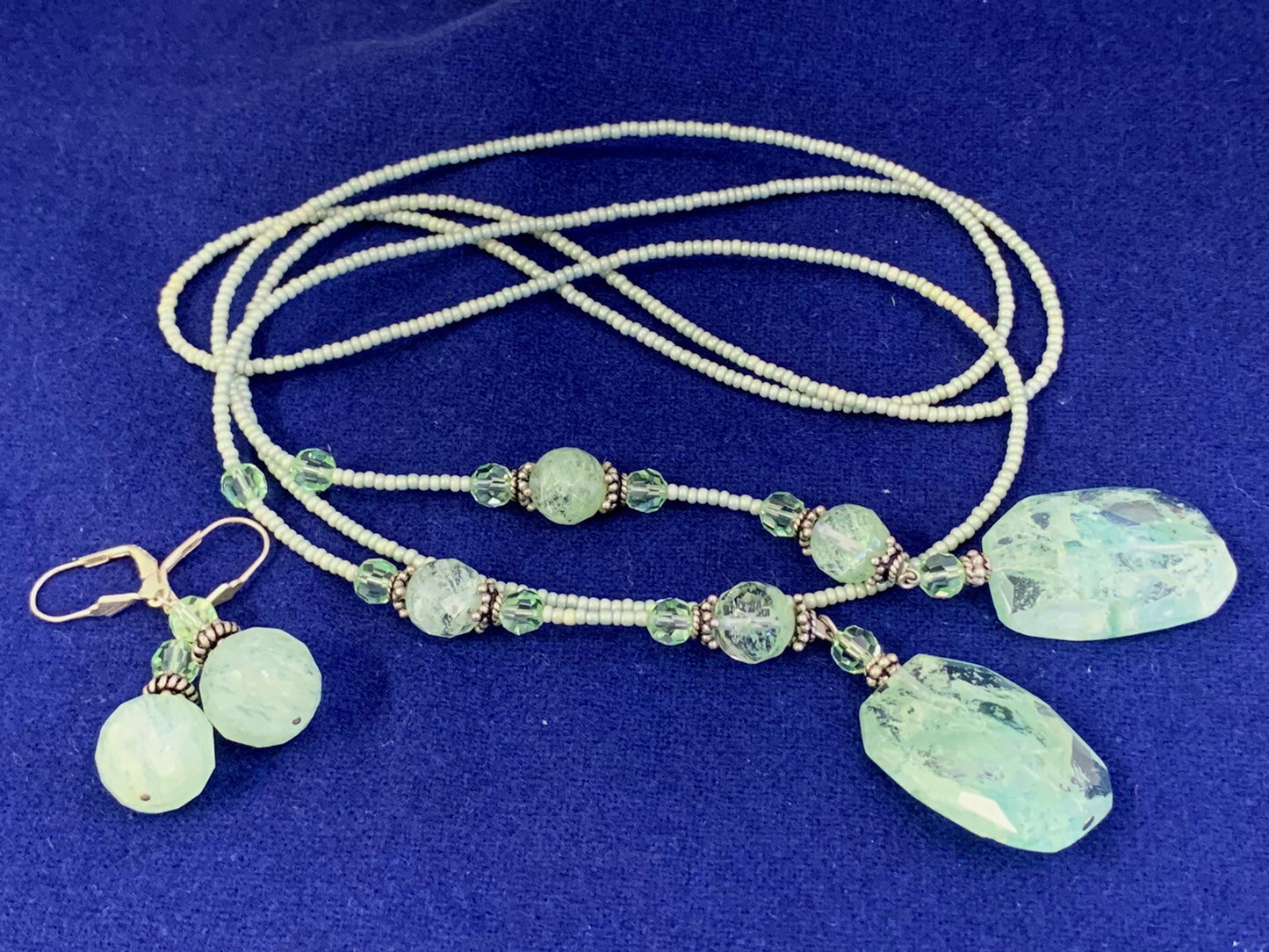 Glass Beaded 46" Mint Green Lariat Necklace & Earring Set Never Worn Great Gift
