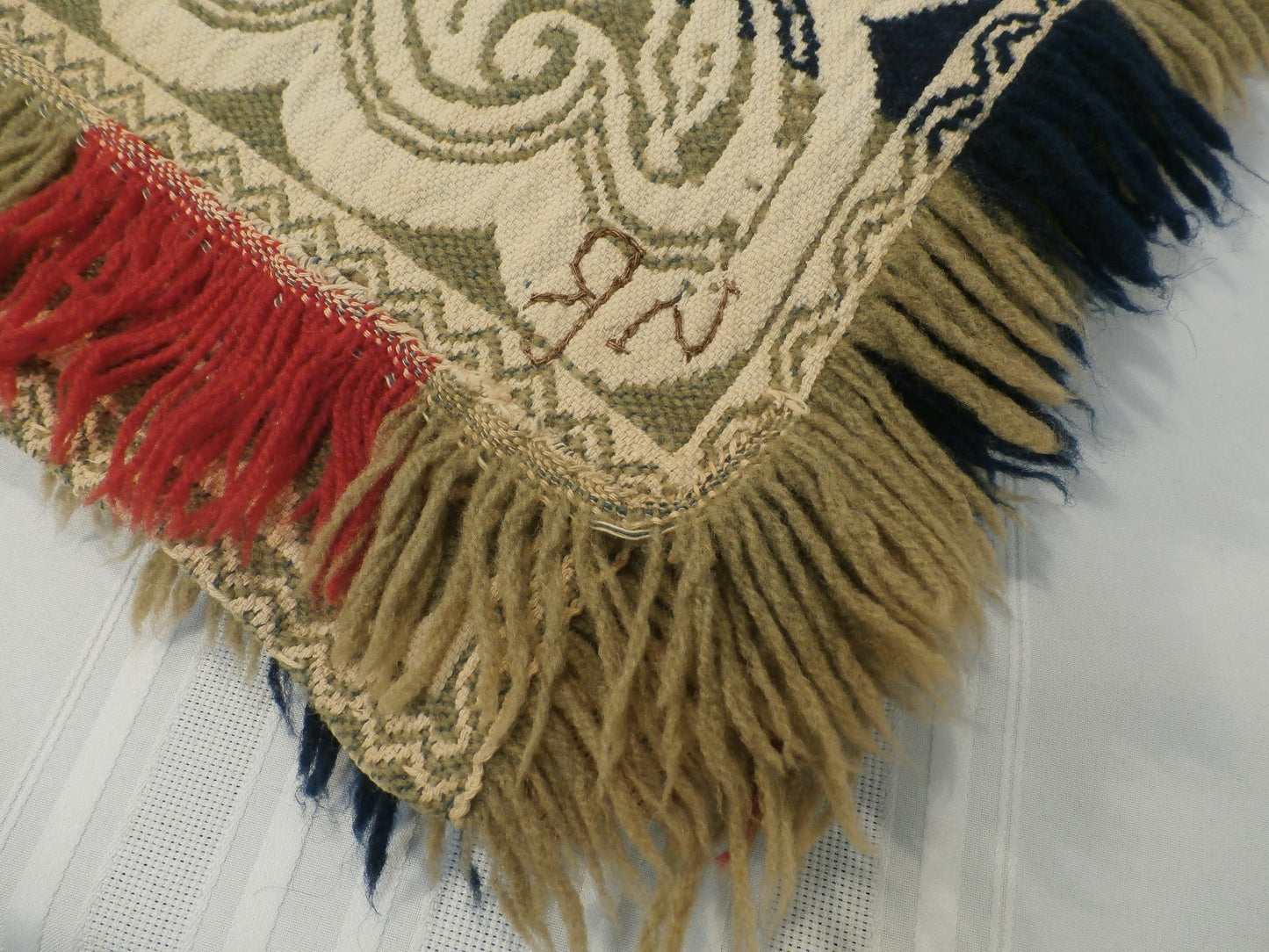 Antique Jacquard Wool Woven American 3 Color Coverlet mid1800's  Ohio? Signed NB