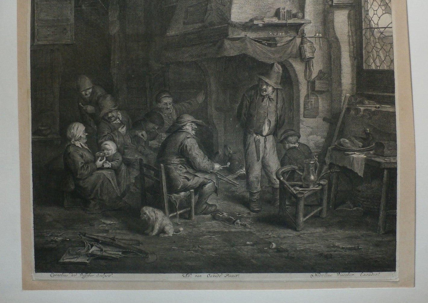 17th C. Nicolas Visscher Engraving / Etching - Villagers by the Grand Fireplace