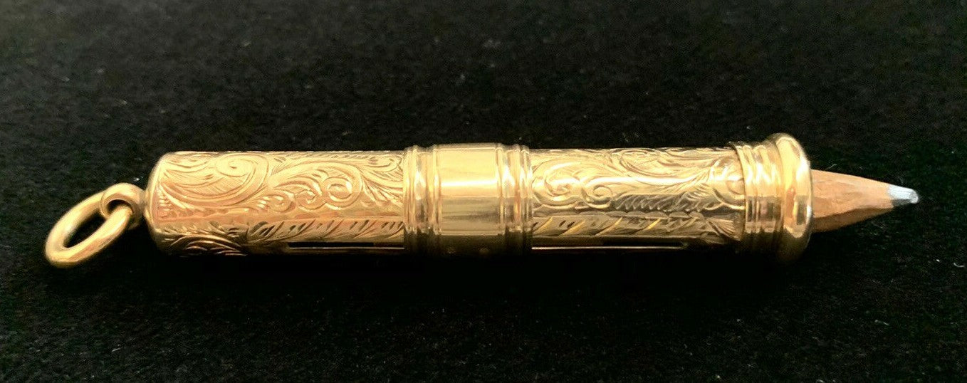 Antique 9 Kt Gold Pencil Holder w Pencil 1910's Edwardian w Bale for Necklace