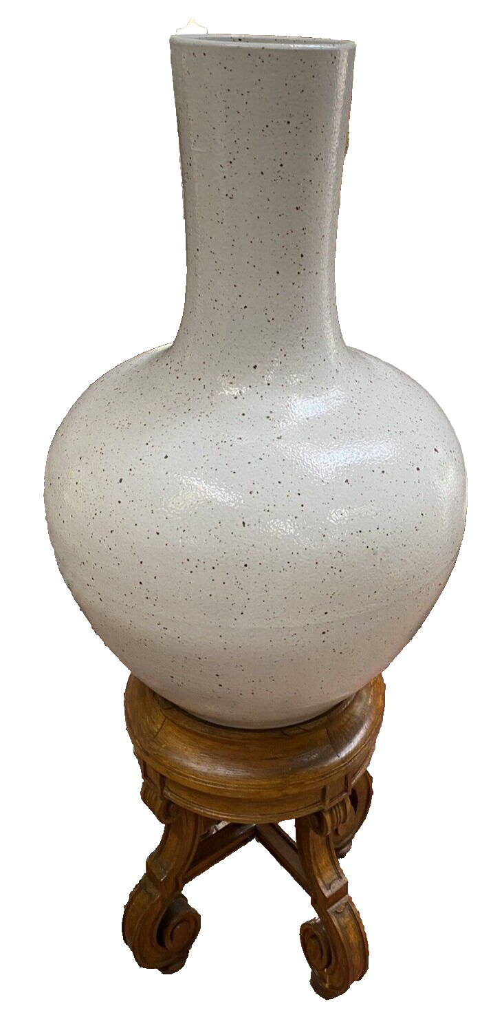 PAIR OF CHINESE SALT-GLAZED PORCELAIN VASES ON FRENCH OAK WOOD STANDS 51" HIGH