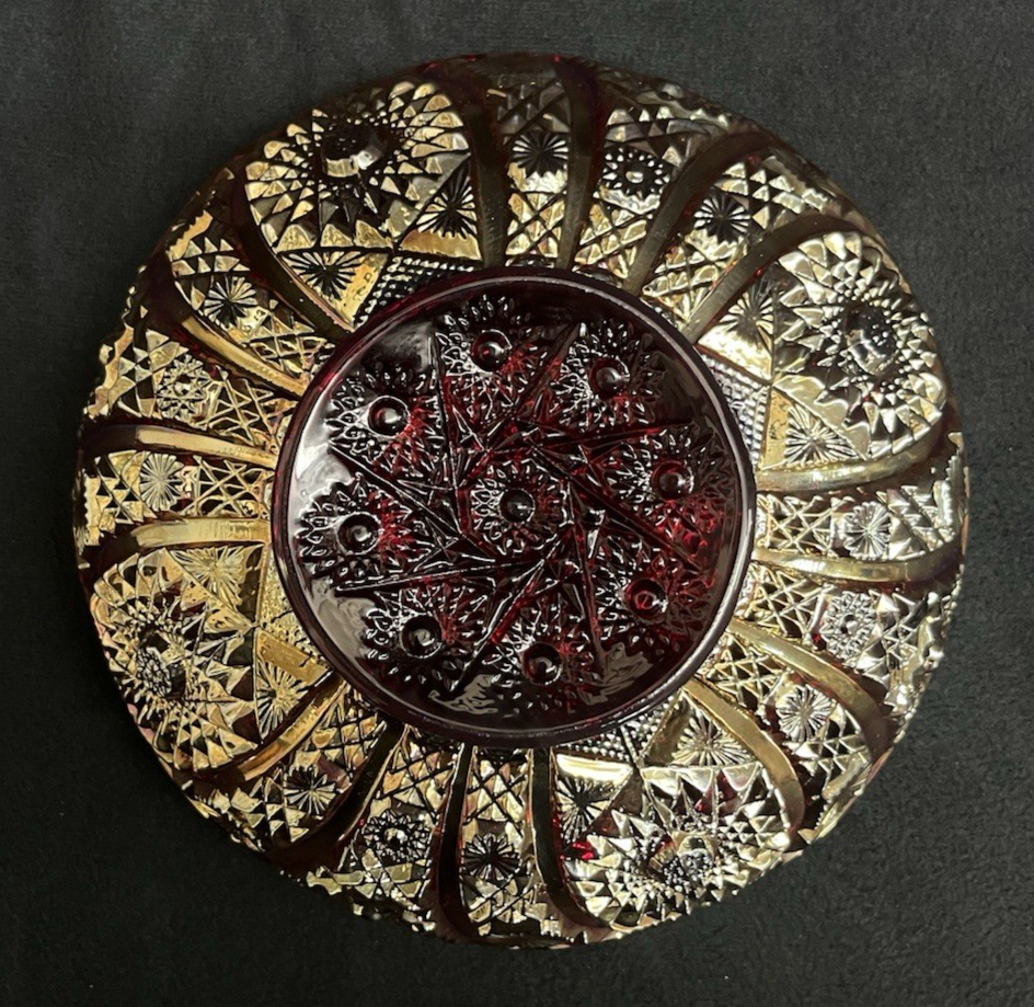 Imperial Glass OH Daisy & Button Golden Sunset Carnival Red Round Bowl 8"