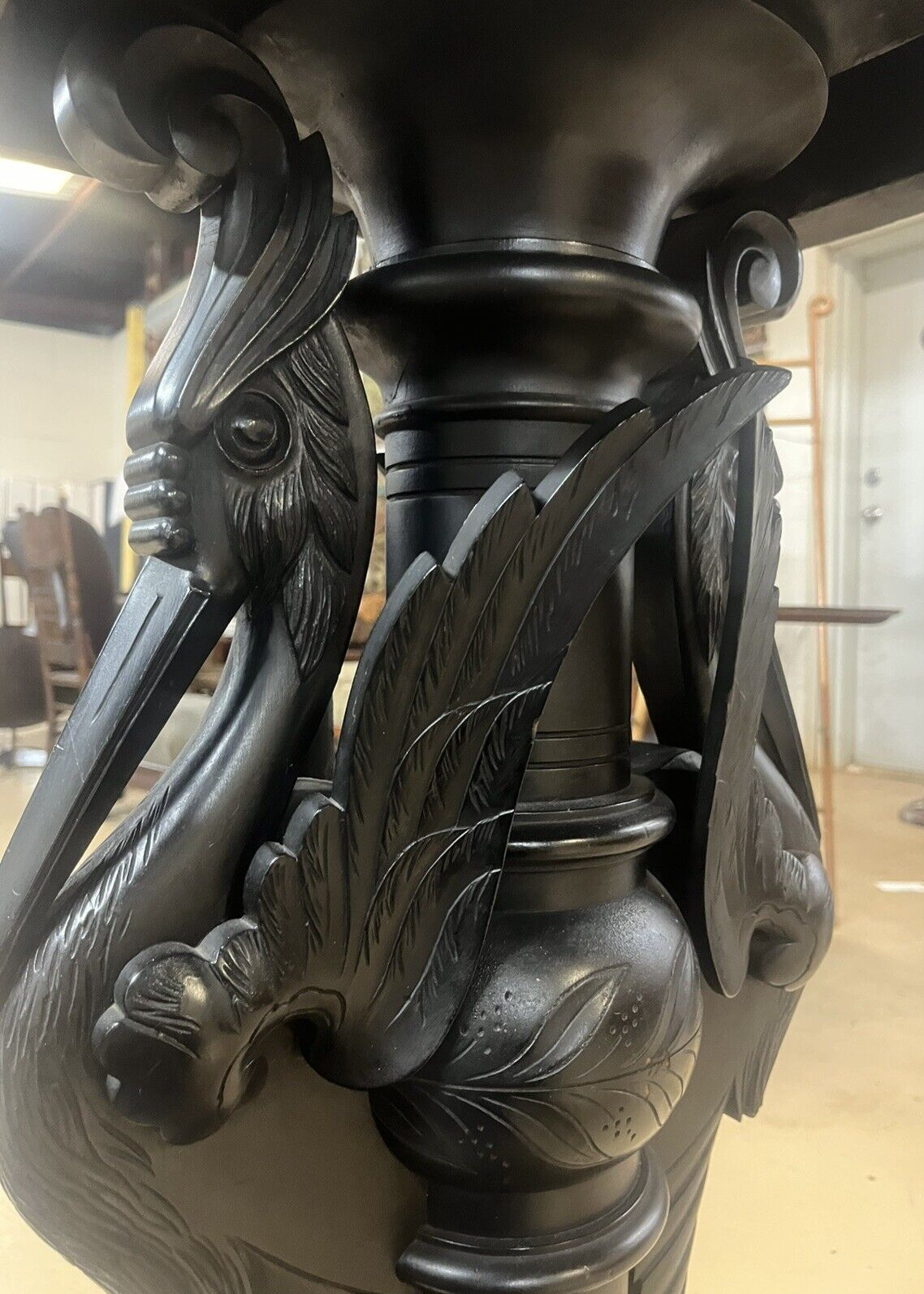 Antique Ebonized Black Wood Pedestal Plant Stand 2 Cranes FS16