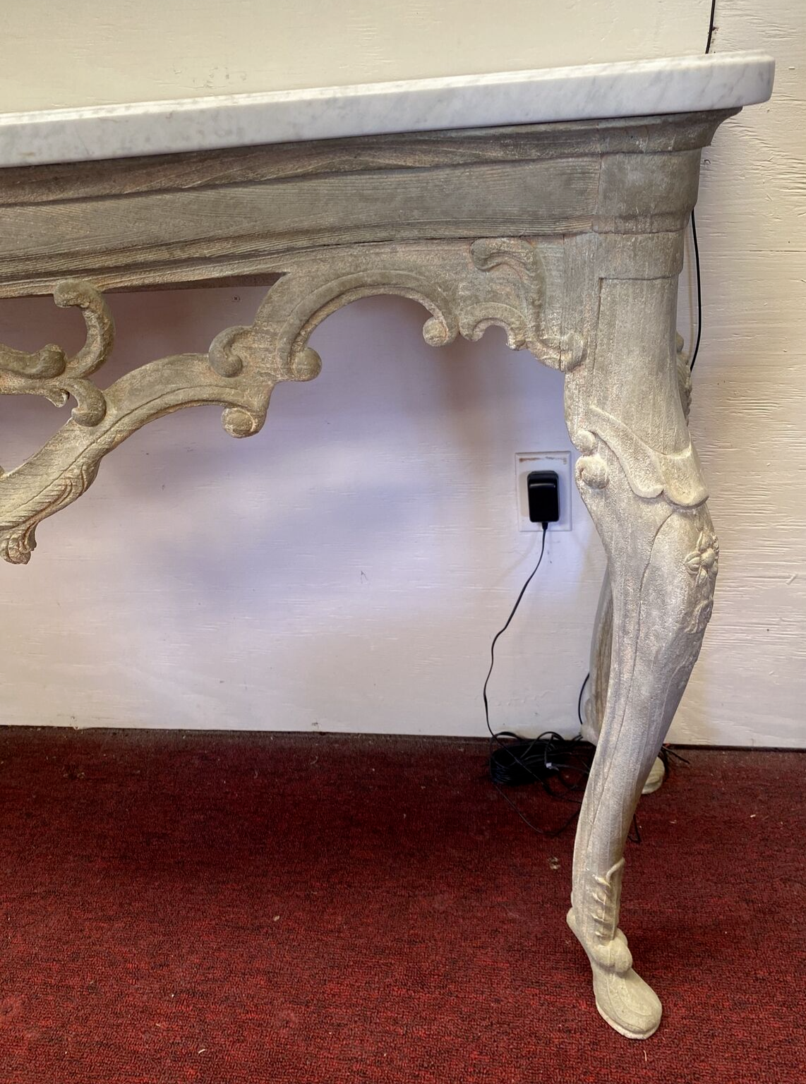 Antique Italian Pierced & White Washed Console Table w/ Marble Top