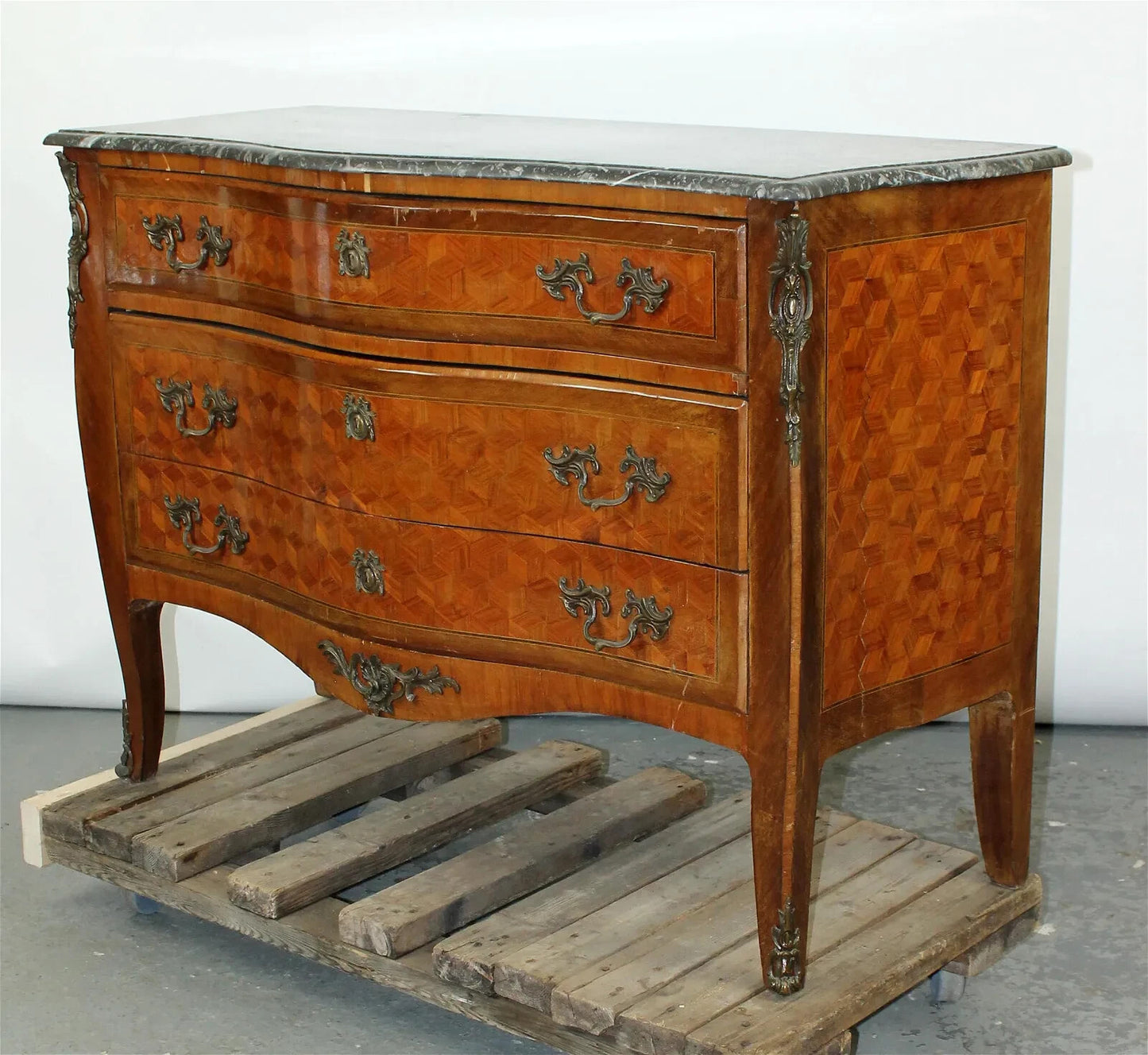 Antique French Louis XV Commode Chest of Drawers Marble Top Marquetry Pattern