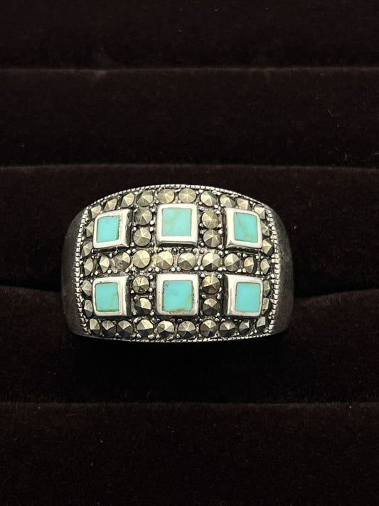 Vintage Signed Sterling NF Thailand Inlay Turquoise Marcasite Dome Ring Band 12