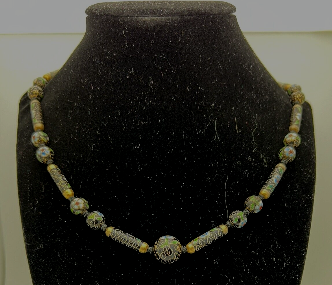 Antique Handmade 30" Cloisonne Necklace Hand Painted Black Enamel Floral Design