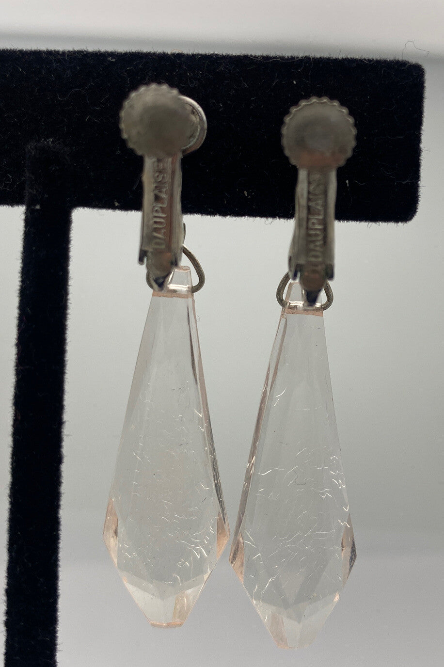 Carol Dauplaise Silver Button Crystal Dangle Screw back Earrings Vintage