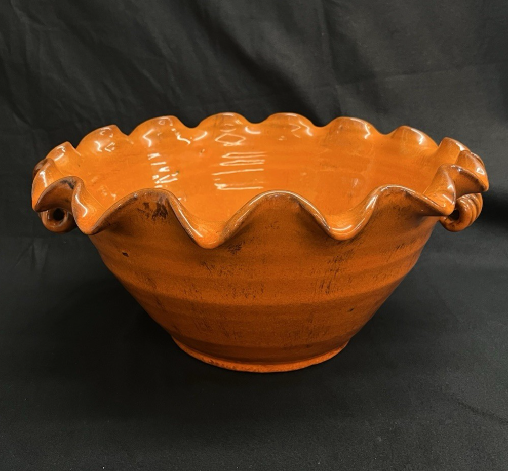 Large Stoneware Orange Glazed Ruffled Bowl w/ Handles 14.5"