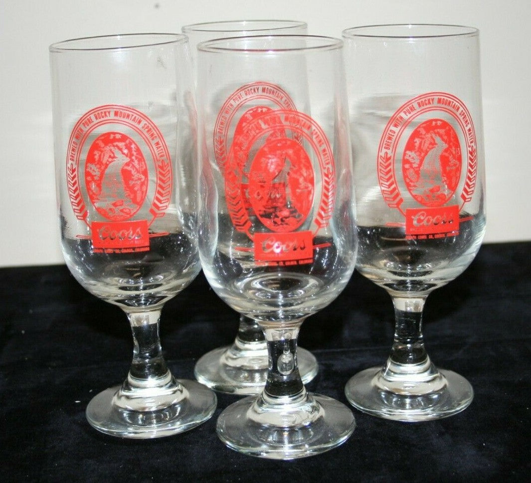 SET OF 4 COORS BEER GLASSES GOBLETS STEMMED 7" Glass 10 oz Red Logo Orig Box