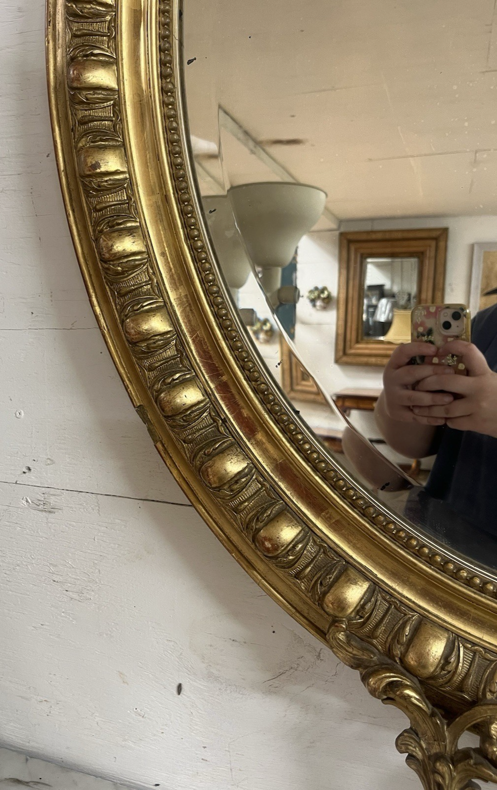 LARGE LOUIS XVI GOLD GILTWOOD OVAL WALL HANGING MIRROR, 55"H