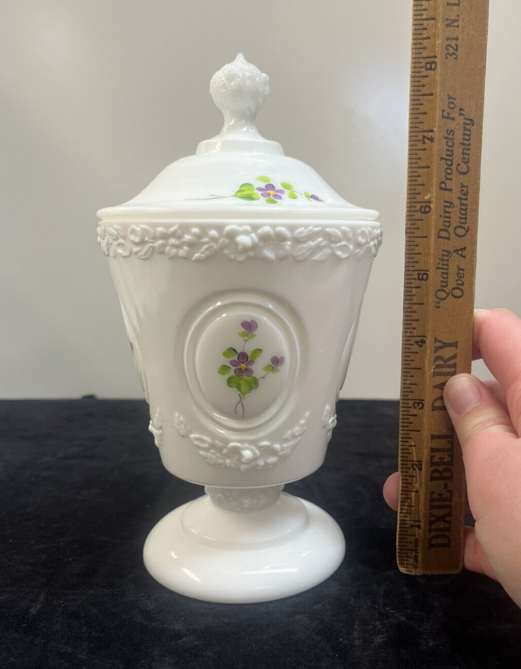 Fenton  Candy Dish "Violets in the Snow"  Milk Glass artist signed A Mullins
