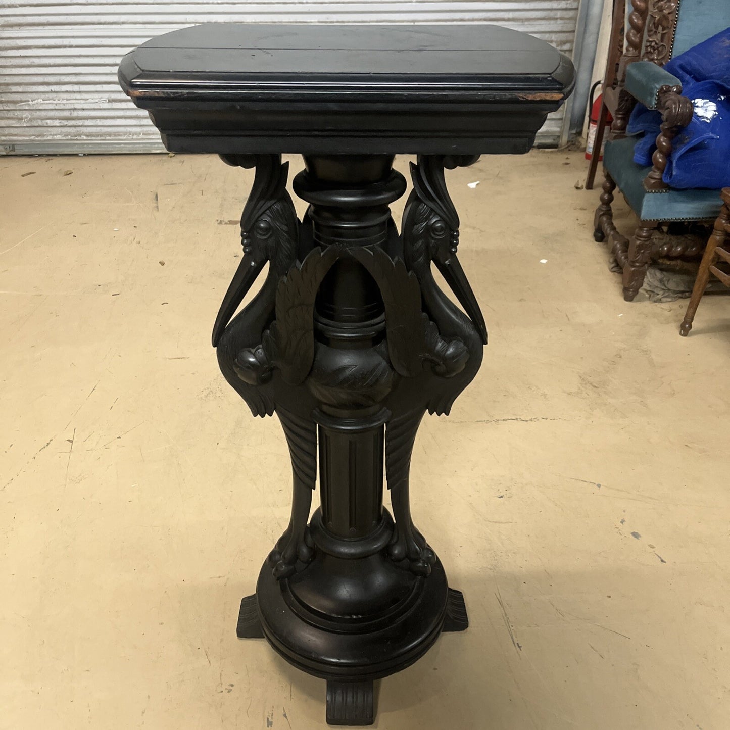 Antique Ebonized Black Wood Pedestal Plant Stand 2 Cranes FS16