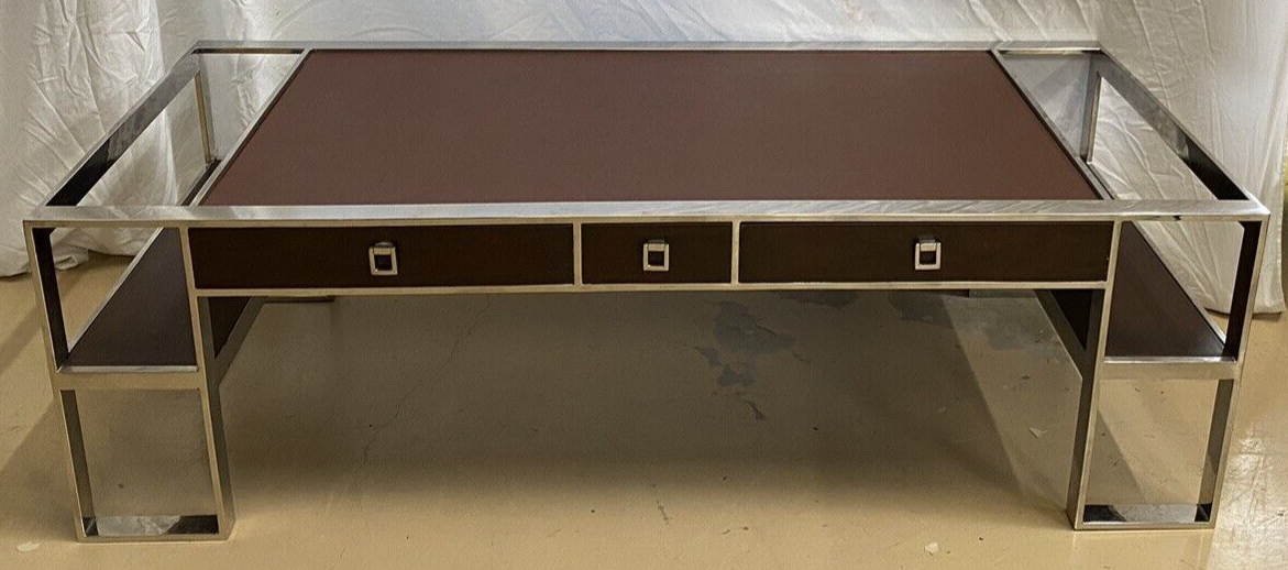 FRENCH MODERN CHROME & LEATHER COFFEE TABLE
