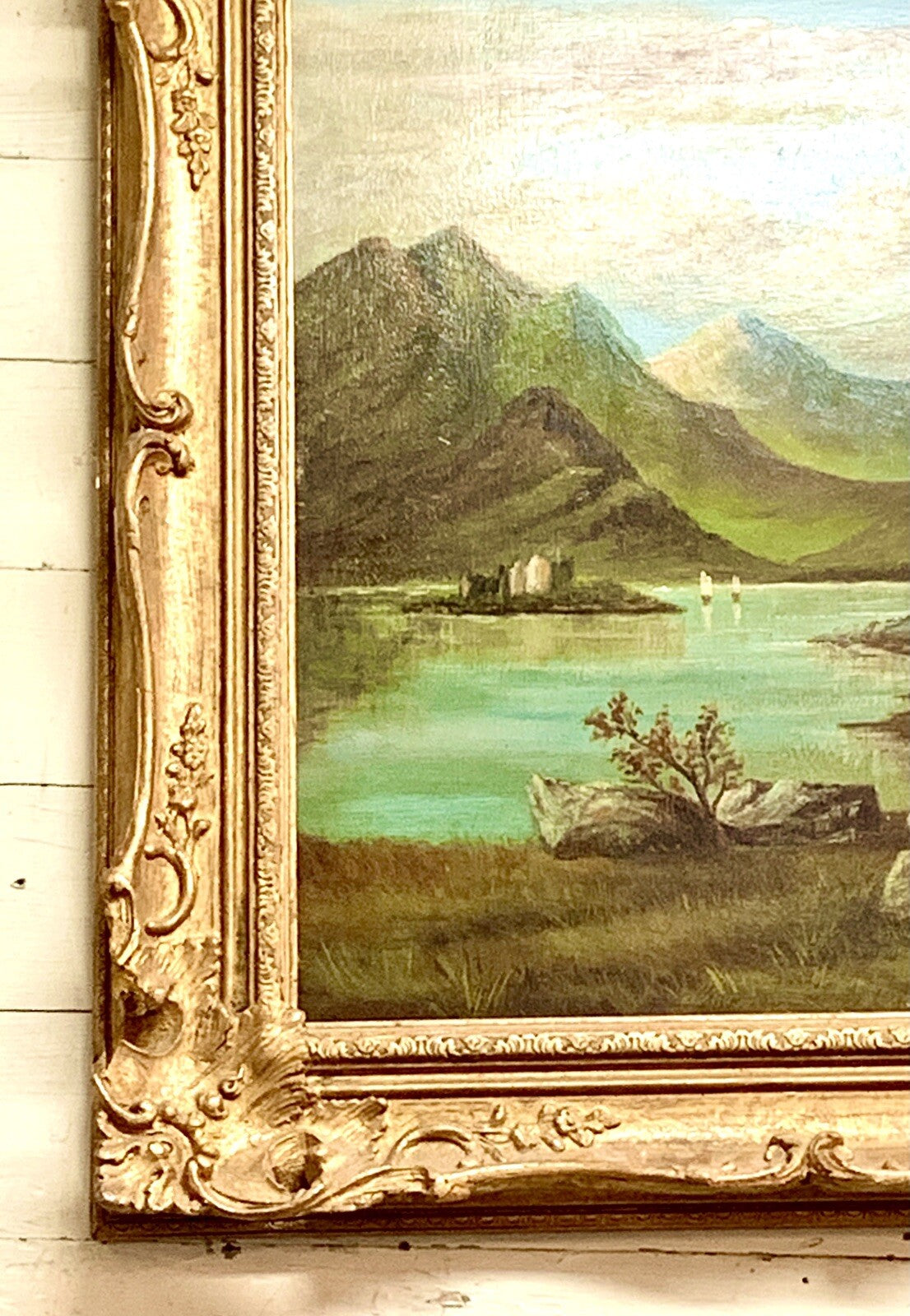 E. Thompson Oil Painting on Panel Signed 1894 Mountains & Lake Earl