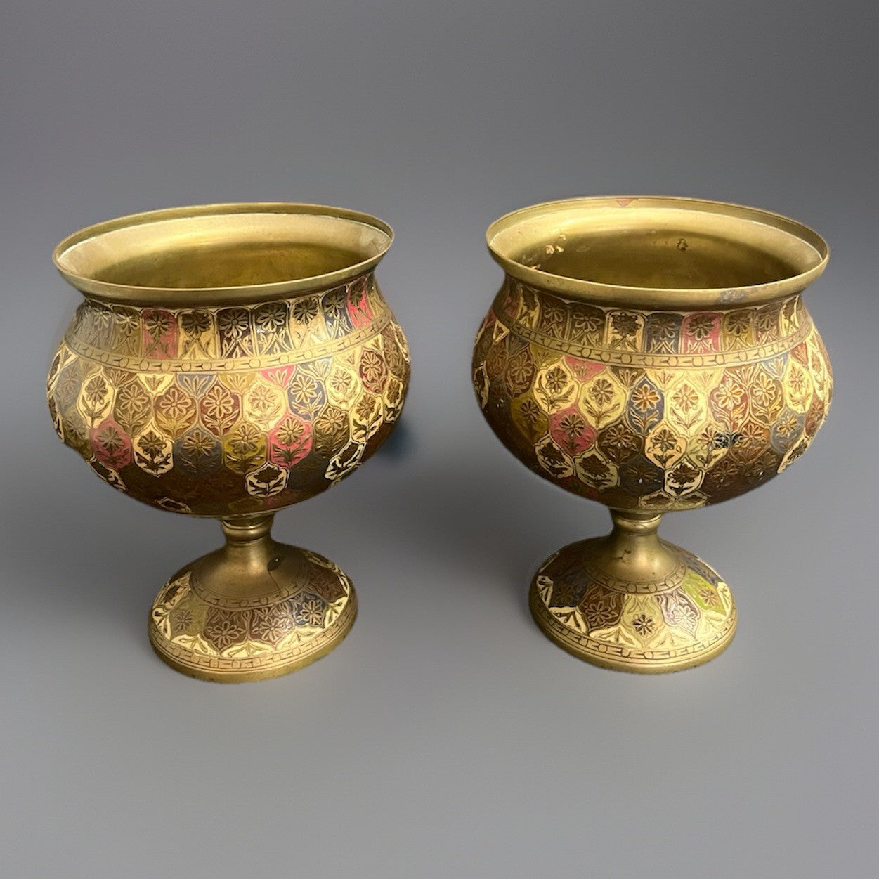 PB19 Pair of Indian Moorish Spun Brass Cloisonne Enamel Pedestal Planters 8.25"