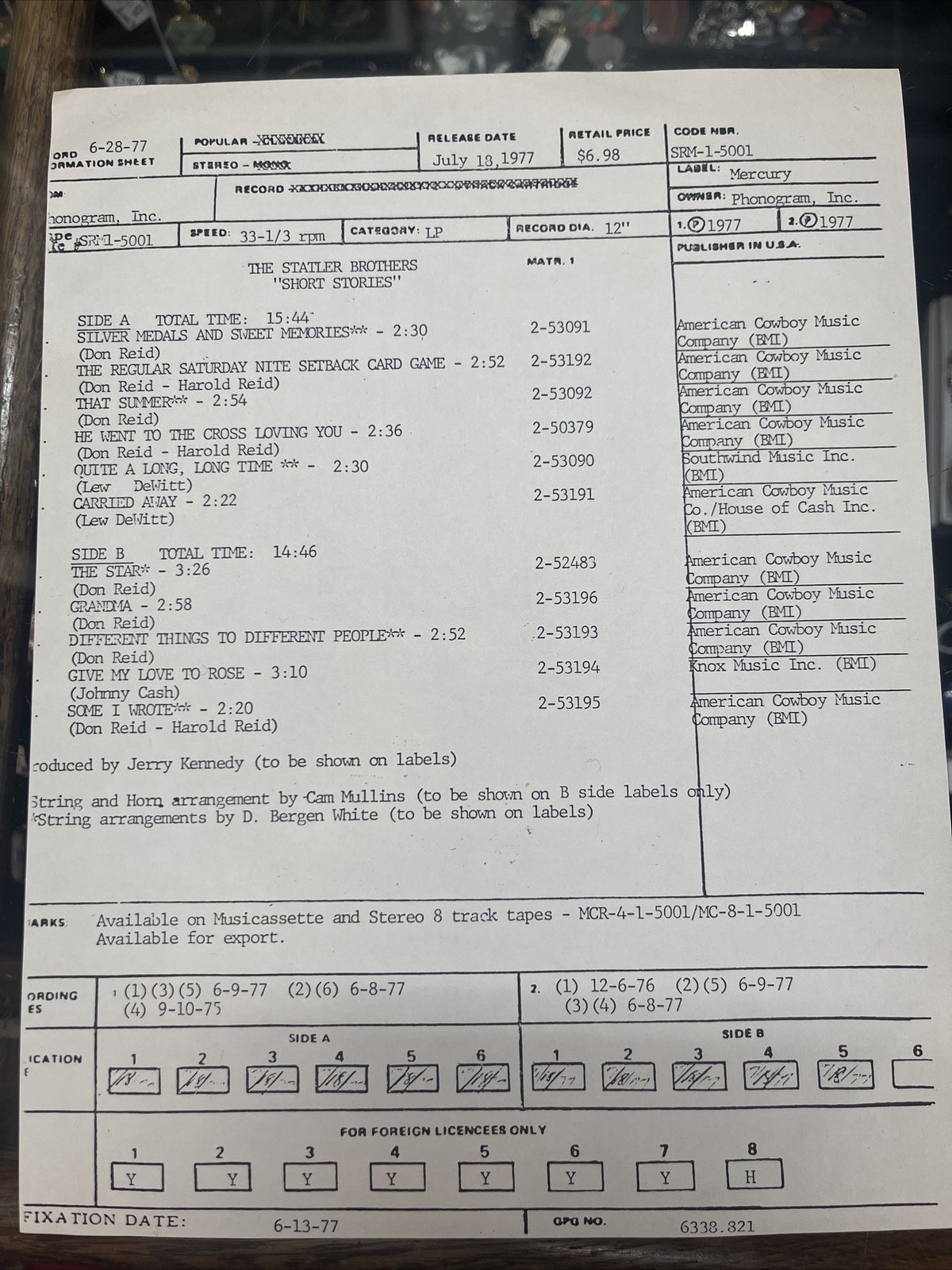 Test Pressing Rare! Statler Brothers Short Stories SRM-1-5001 15001 Terre Haute