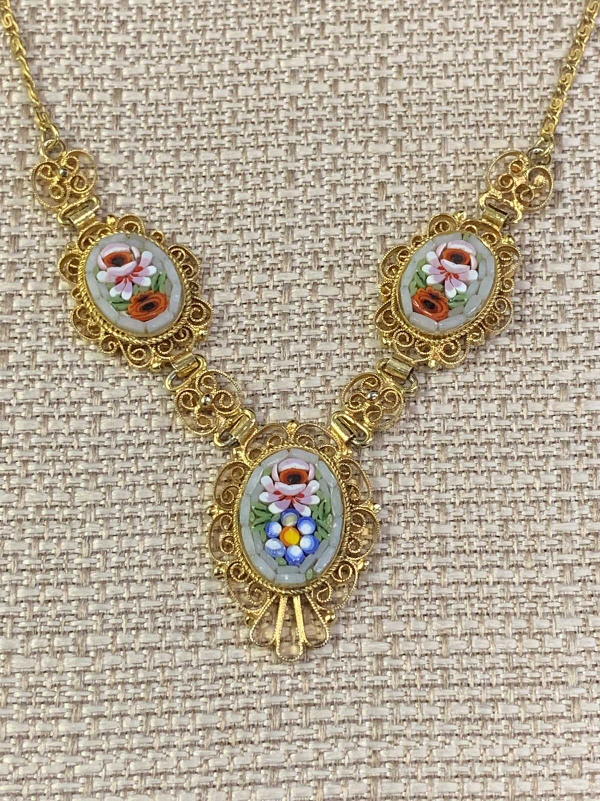 Antique Italian Grand Tour 3 pc Micromosaic & Filigree Pendant Necklace 18"
