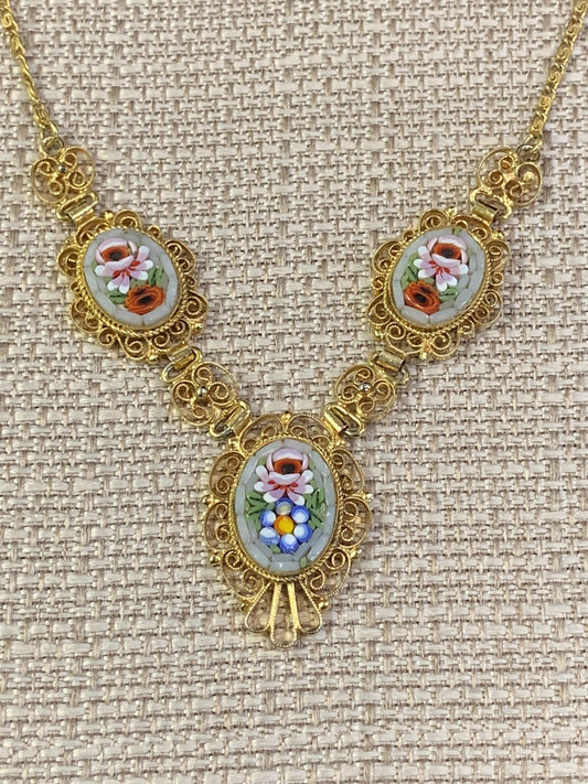 Antique Italian Grand Tour 3 pc Micromosaic & Filigree Pendant Necklace 18"