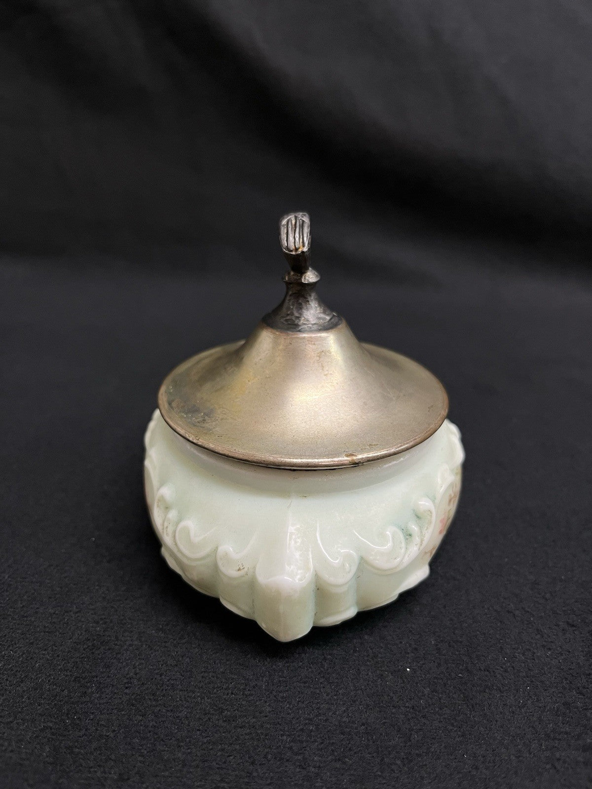 C.F. Monroe Co. Wave Crest Hand Painted Opal Glass Dresser Dish with Lid 4"