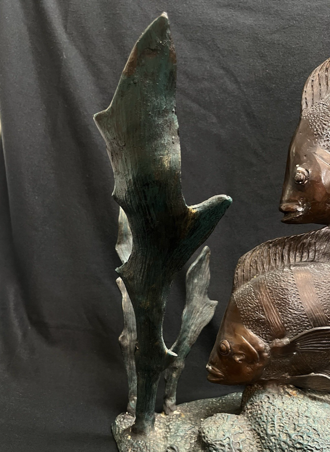 PB14 Bronze Green and Brown Three Angel Fish w/ Seaweed Sculpture/Statue 26.75"