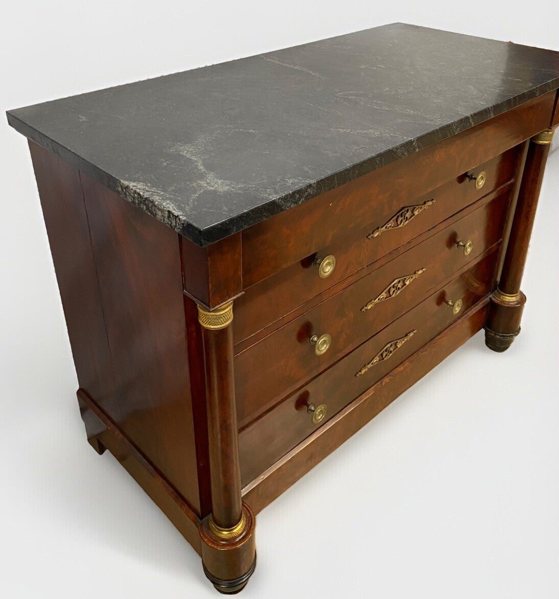 Antique Burled Walnut Mid-19th Century Empire and Marble Top Chest Commode