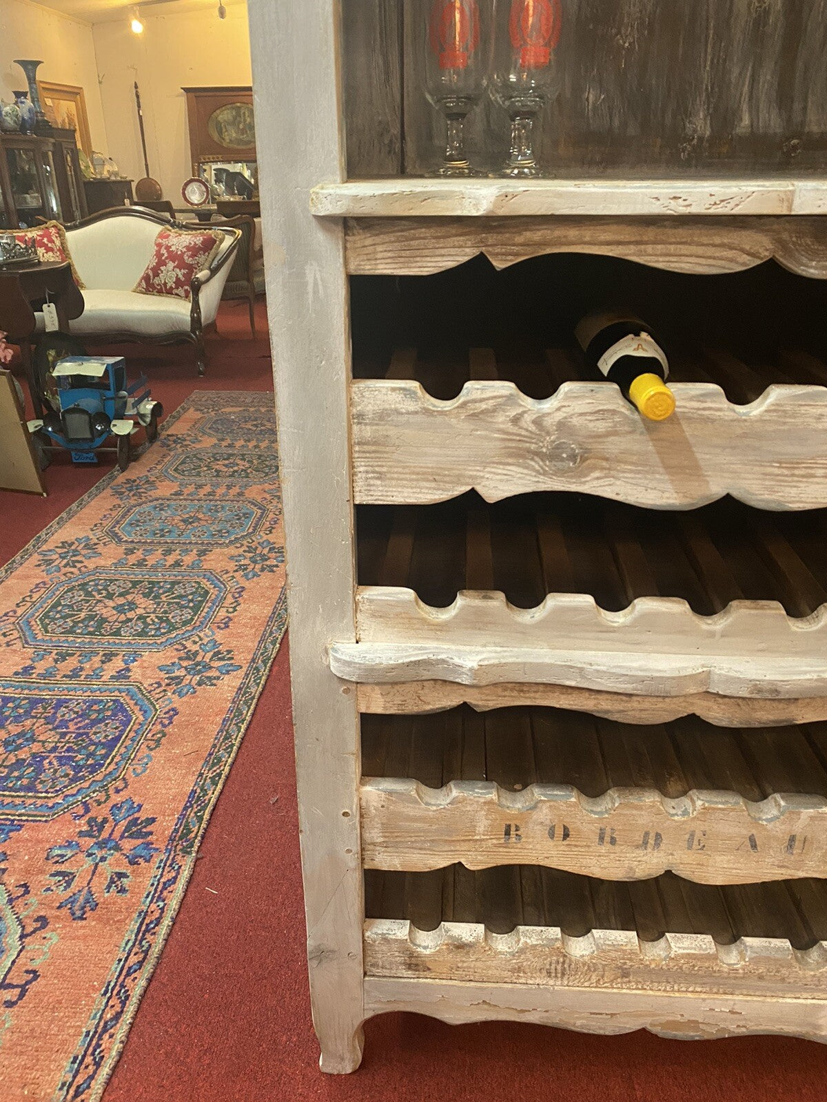 Antique Painted French Provincial Wine Cabinet Bar Rack 28 Bottles Bordeaux