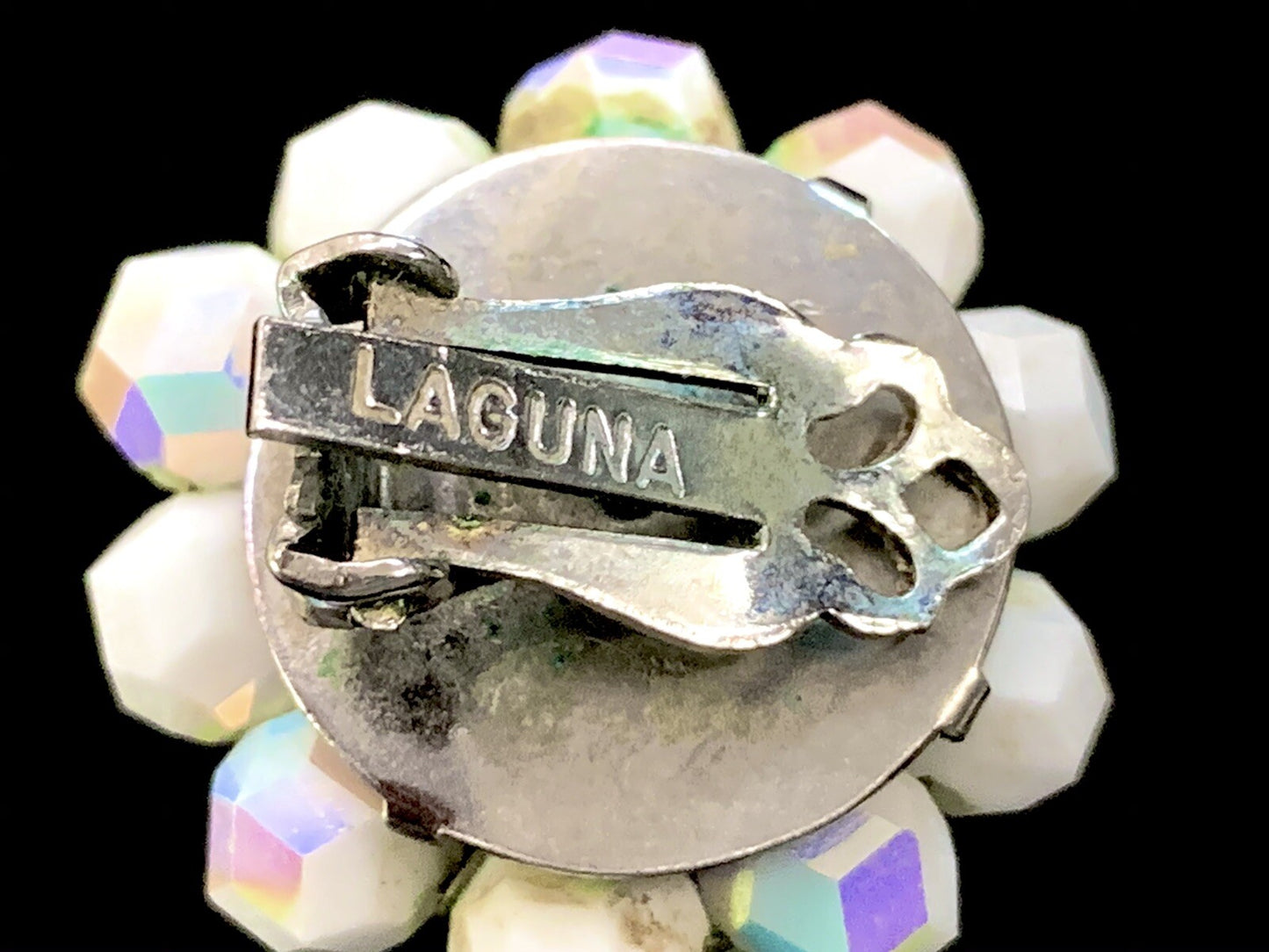 Vintage 1950s Laguna Milk Glass Crystal Clip Earrings Signed