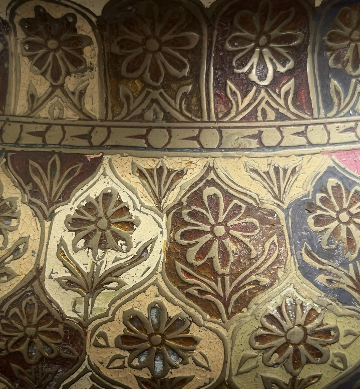 PB19 Pair of Indian Moorish Spun Brass Cloisonne Enamel Pedestal Planters 8.25"