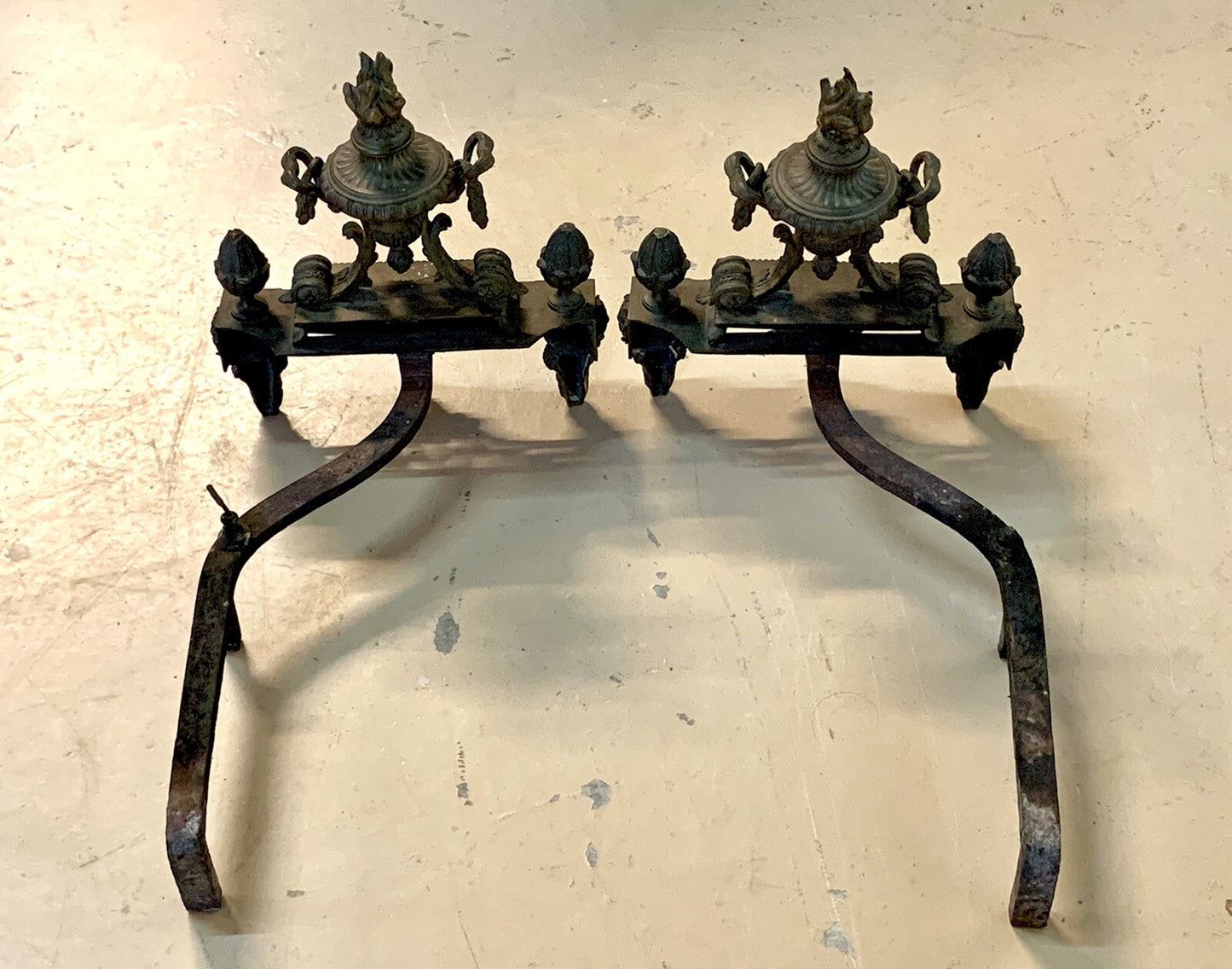 Pair Antique French Bronze Louis XVI Style Chenets Andirons Fireplace Fire Dogs